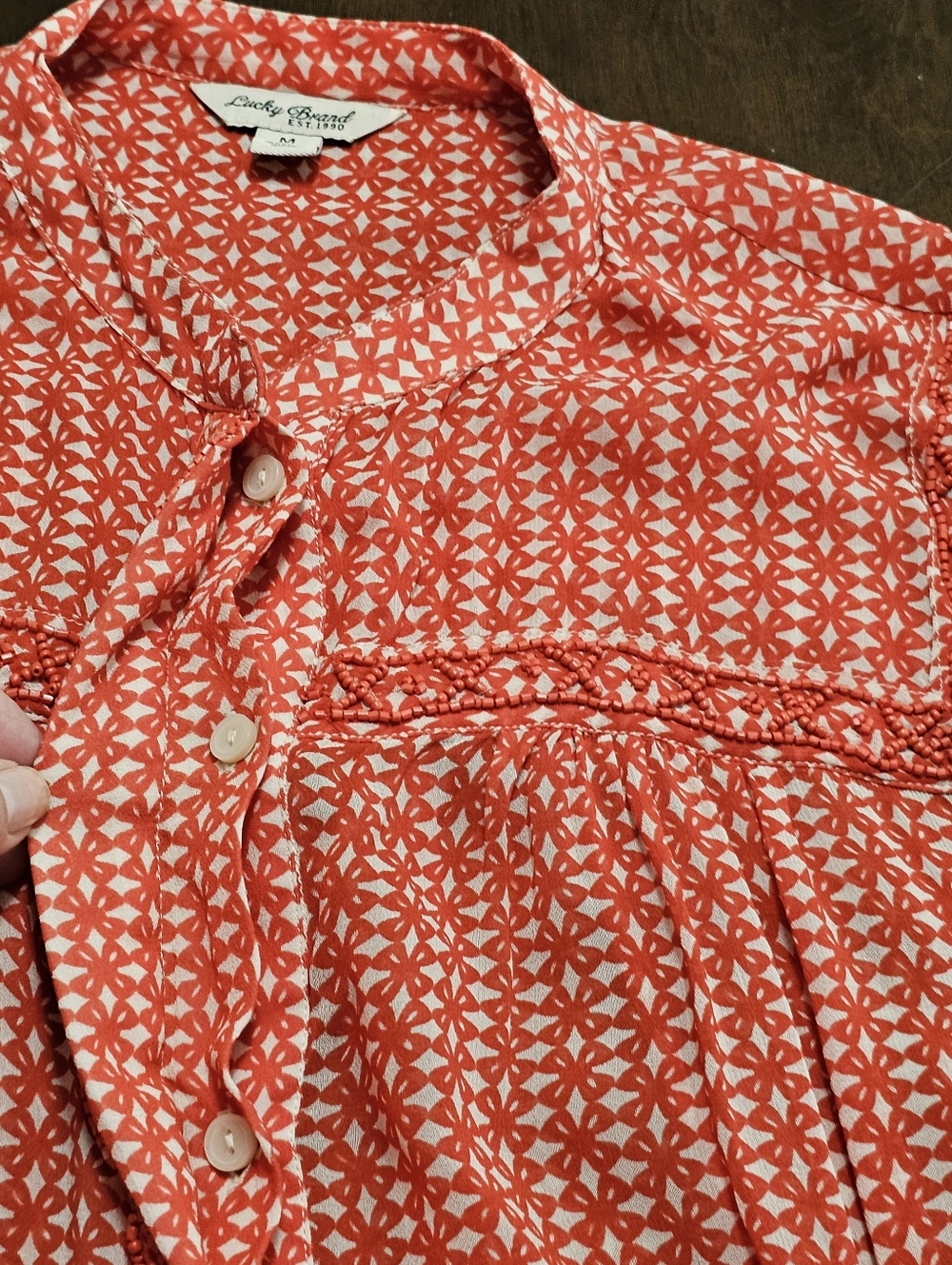 Lucky Brand Sheer Beaded Boho Peasant Blouse Orange Flowy Loose Womens Medium - Picture 6 of 12